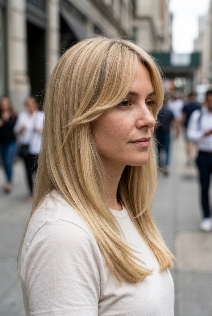 Woman with long curtain bangs and face framing layers