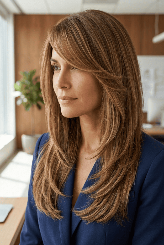 Long Layers with Side-Swept Fringe Long layered hair with a diagonal side swept fringe
