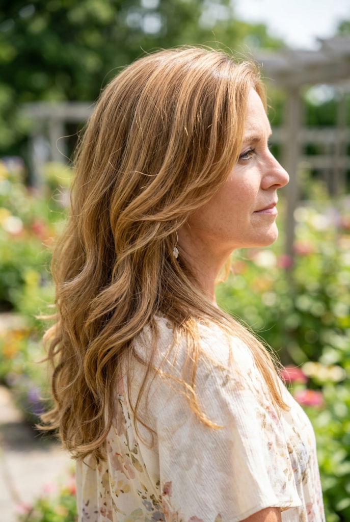 Woman with long layered hair and soft waves