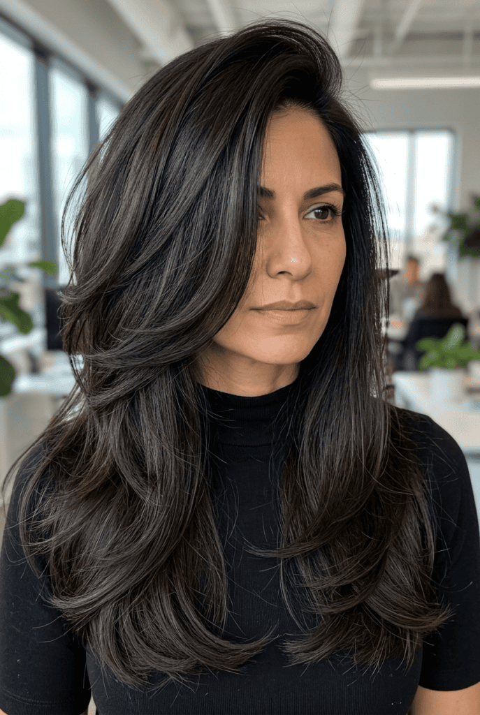 Long Layers with a Deep Side Part Long layered hair styled with a deep side part