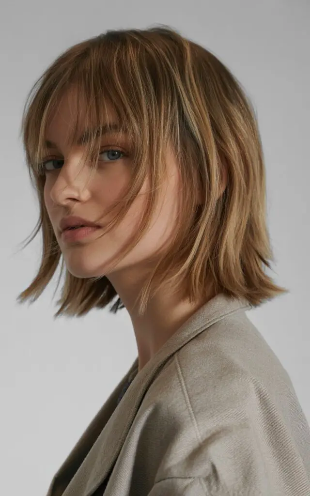 Long Shaggy Bob with Wispy Bangs for Oval Fac
