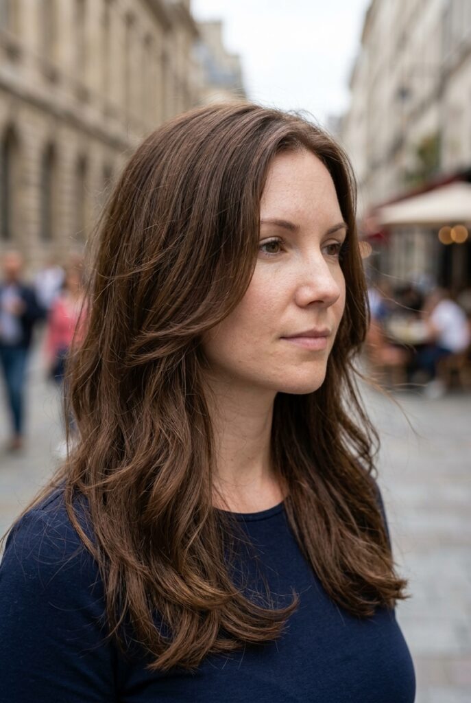 Long hair with soft modern 90s style face framing layers