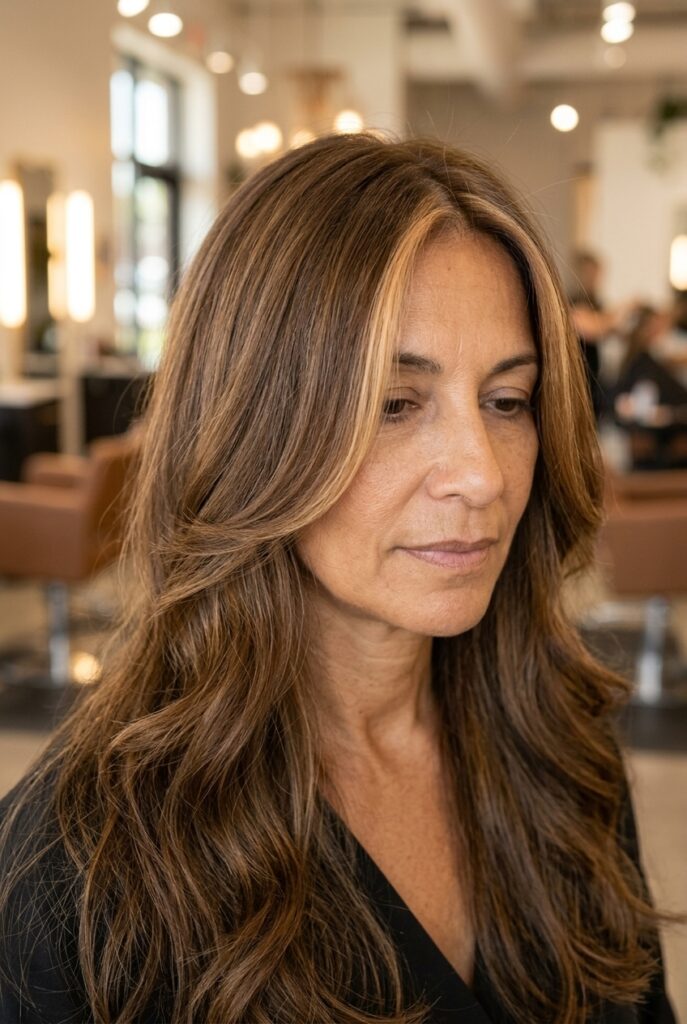Long layered hair with a bright money piece framing the face Long layered hair with a bright money piece framing the face