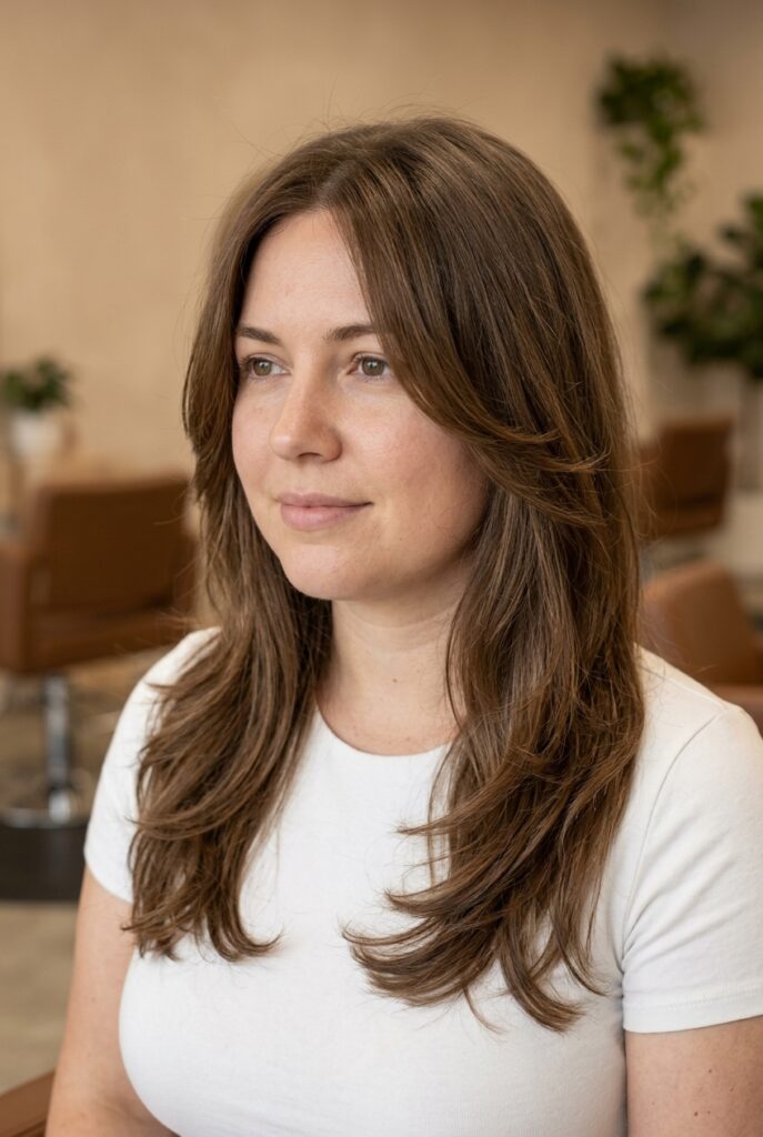 Long layered haircut past the chin on a round face