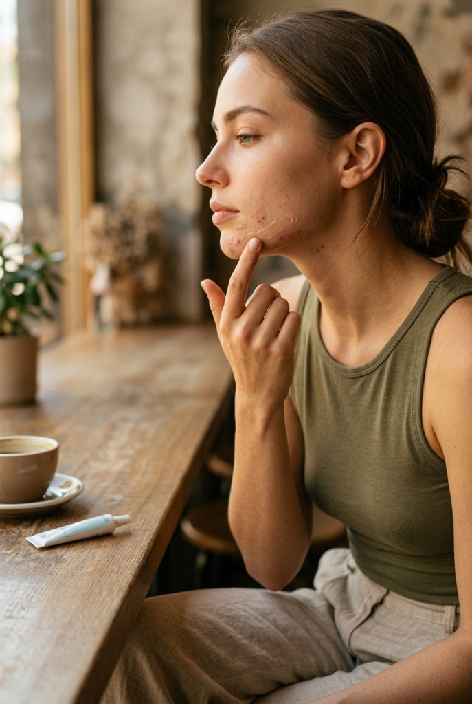 Look Into Azelaic Acid for Hormonal Breakouts Woman applying treatment to her jawline at a coffee shop wearing a linen tank top outfit