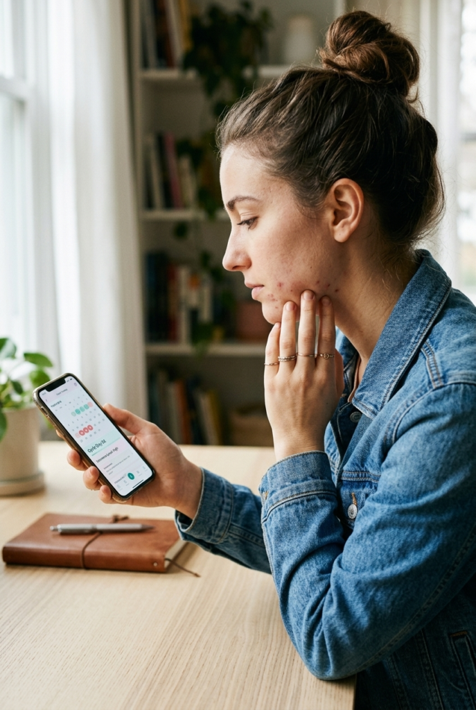 Map Your Breakouts and Track Hormonal Patterns Woman tracking her skin on a phone while touching her jawline at a home office desk wearing a denim jacket