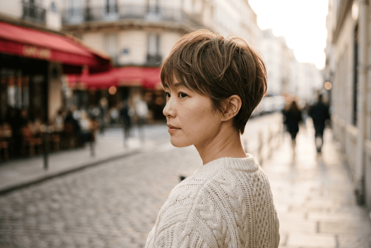 Woman with textured French pixie haircut showing piecey fringe and voluminous crown