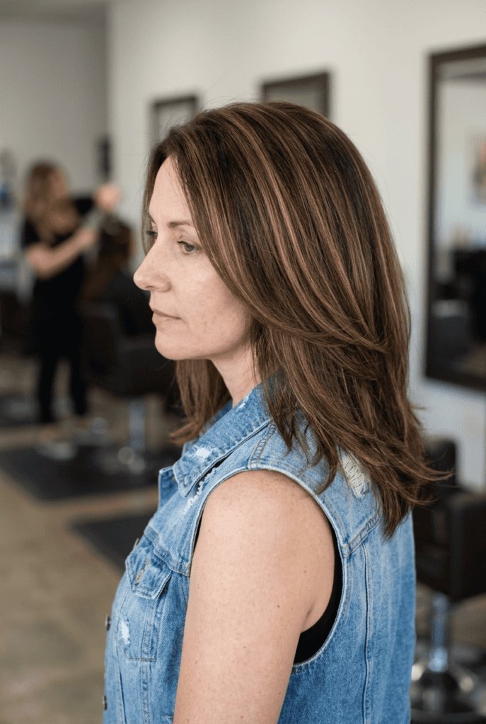 Match Your Undertone Before Picking a Shade Mature woman with warm dark hair and golden chestnut toned highlights blended naturally