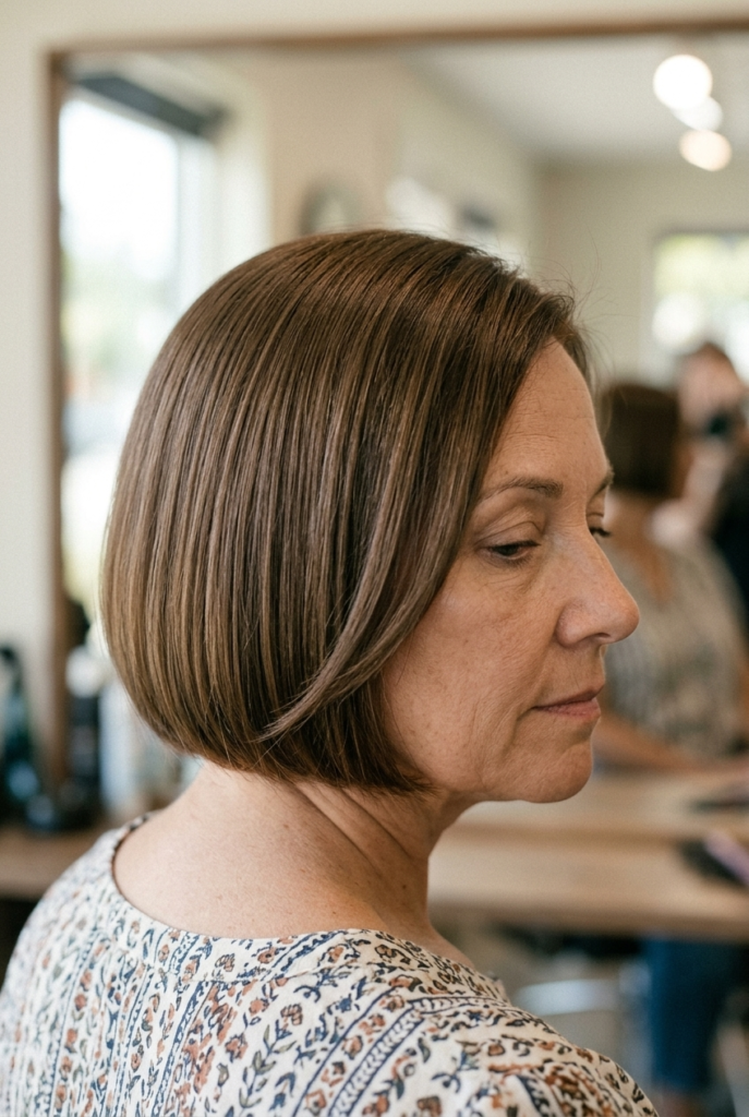 Woman with round face and chin length blunt bob haircut