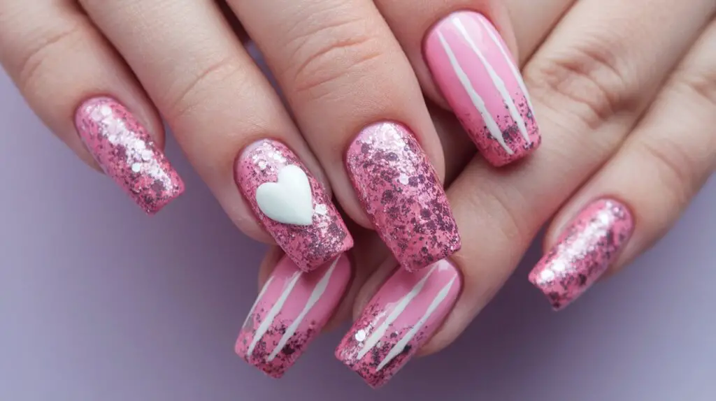 Matte Pink Glitter Nails with Heart