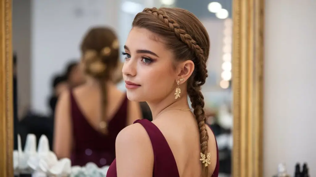 Mediterranean teenage girl with chestnut brown hair in a French braid