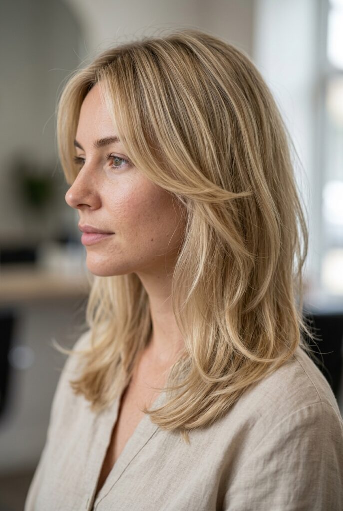 Medium length hair styled in a soft feathered shag haircut
