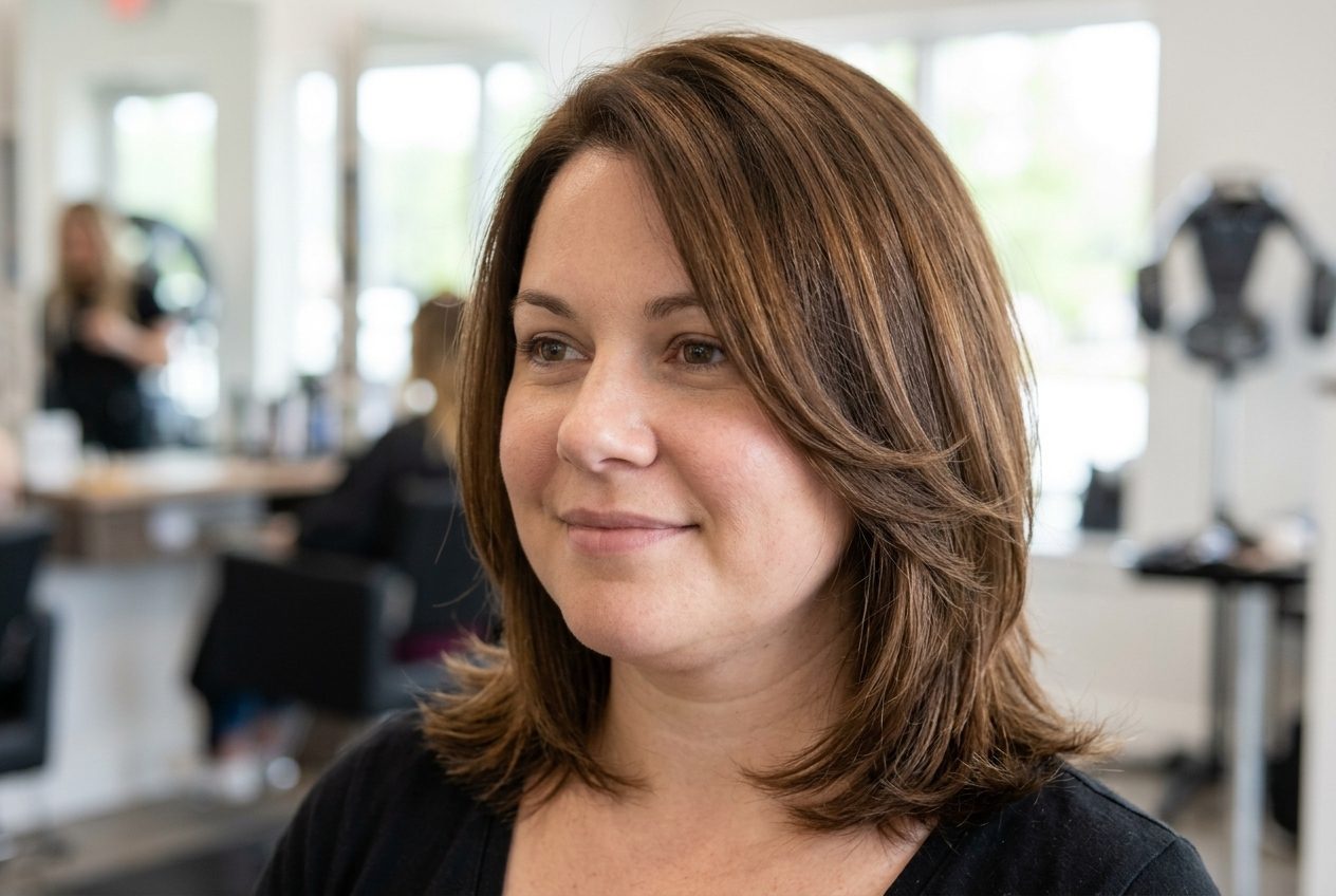 Medium length layered haircut for a round face