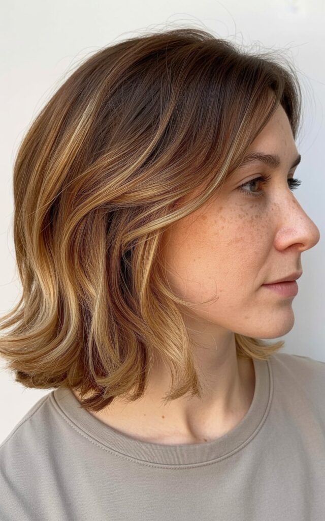 Medium length shag haircut featuring beautiful balayage color