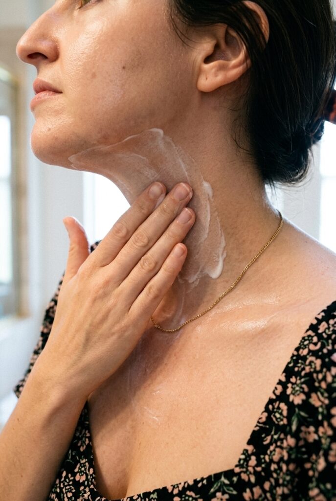 Mexican woman in her 30s applying skincare products to her neck and décolletage area