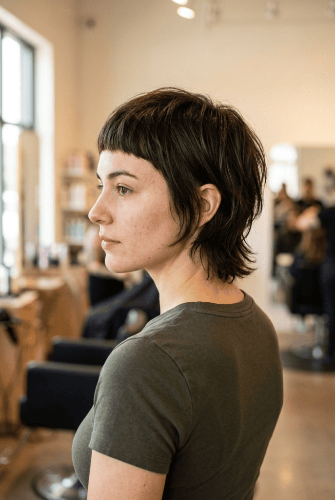 Woman with micro fringe layered crop and oval face