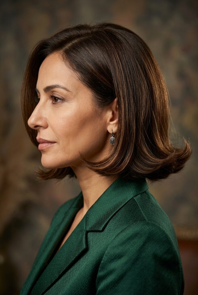 Middle Eastern female model in her late 40s with a flippy ear-length bob haircut with outward-flipped ends