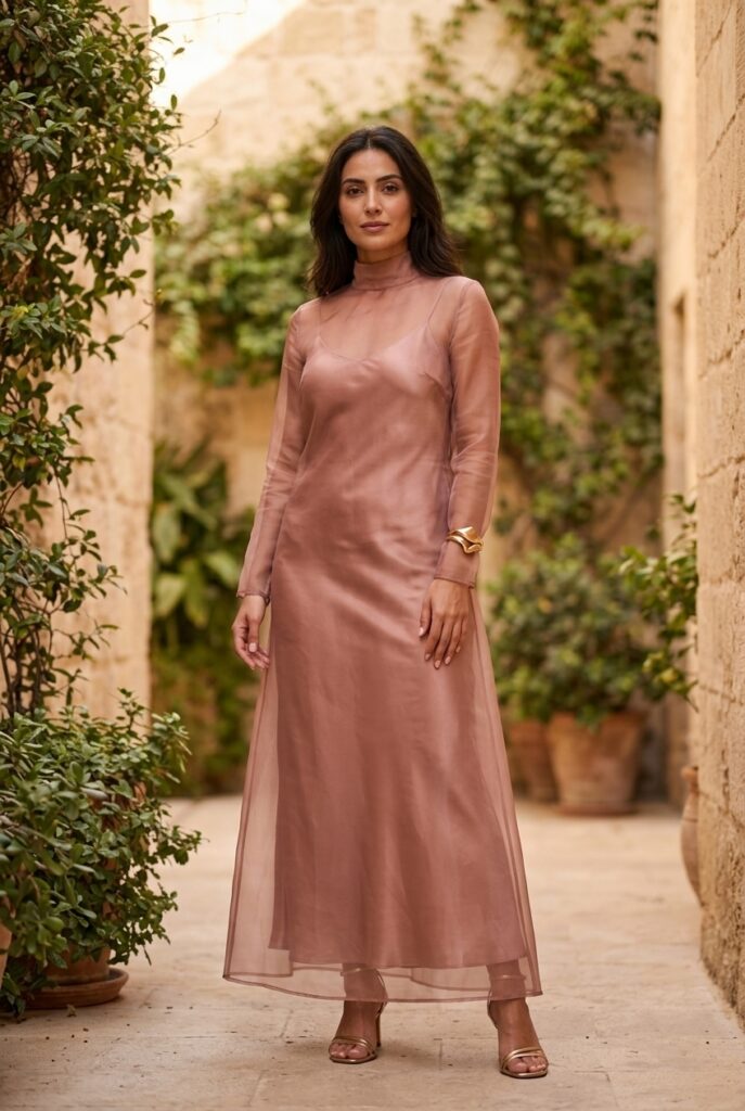 Middle Eastern woman wearing a dusty rose sheer organza overlay dress in a sunlit courtyard