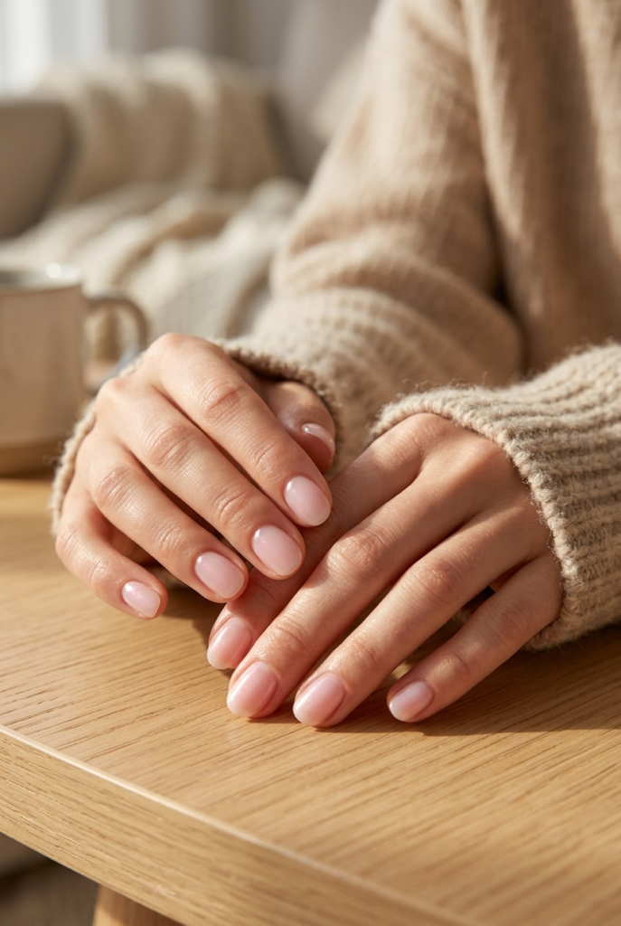 Milky Sheer Pink Woman in a chunky knit sweater with short milky sheer pink glossy nails resting on a wooden table in a home interior setting