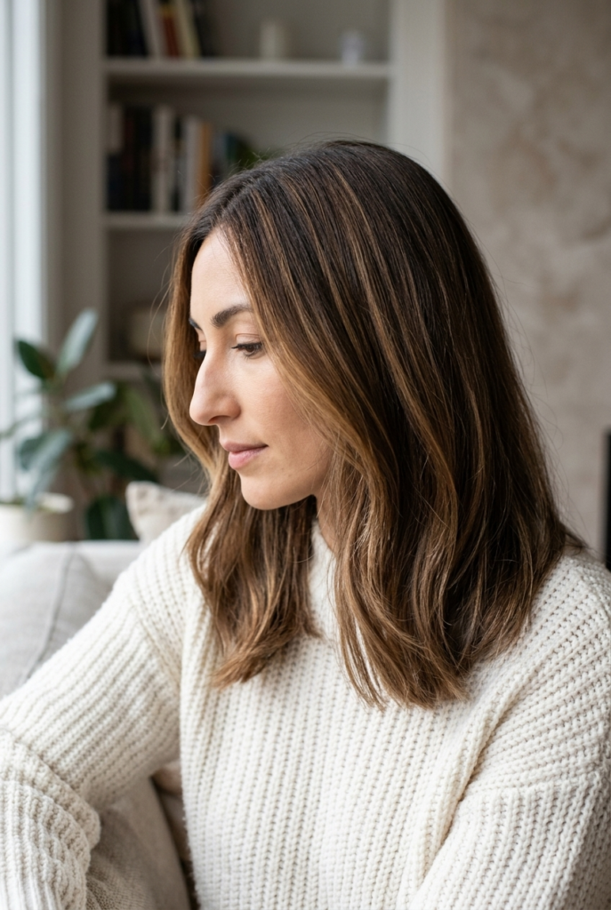 Woman with mocha melt balayage brown hair wearing a chunky knit sweater at home