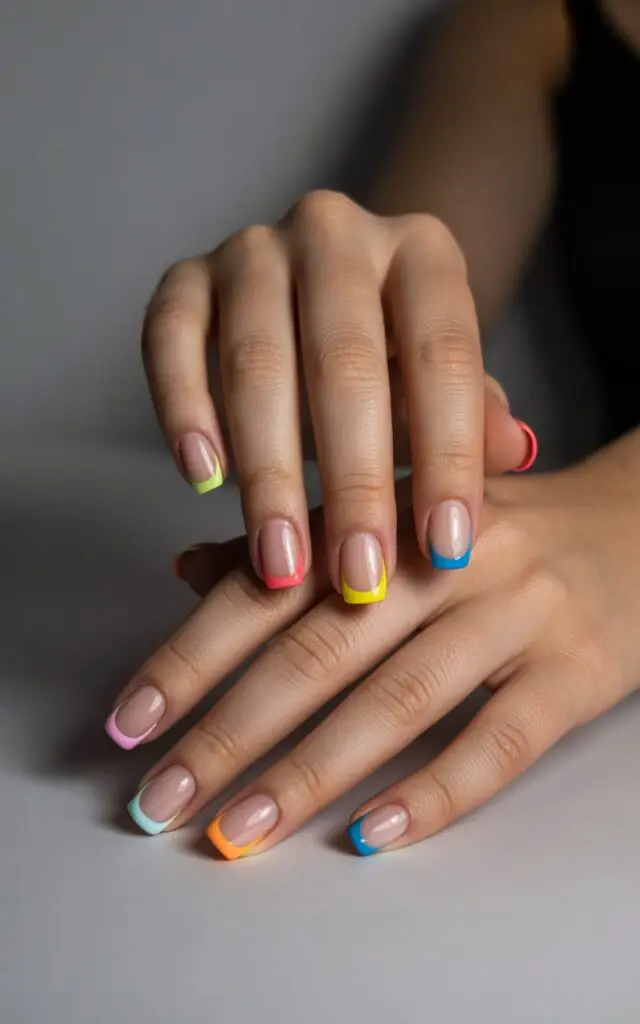 Full closeup to female hands with modern French manicure featuring thin colorful tips and nude base, manicured nails with contemporary twist, elegant hand pose, soft lighting.