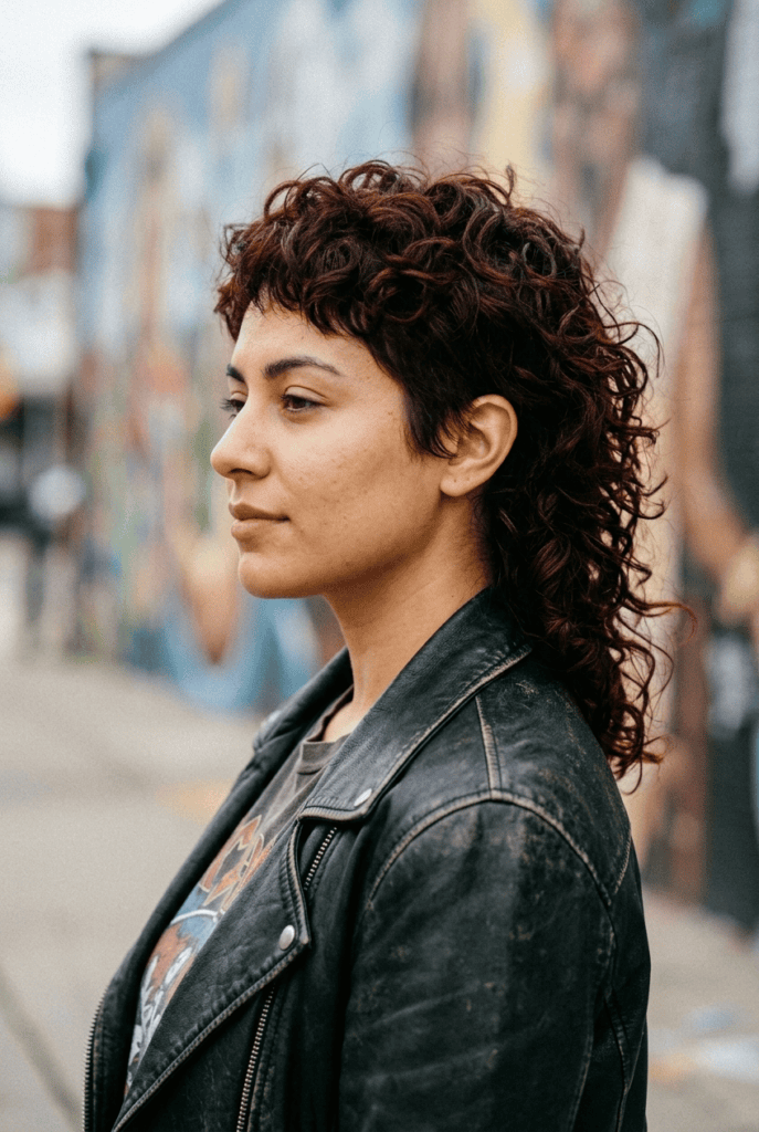 Woman with modern mixie mullet pixie haircut and curls