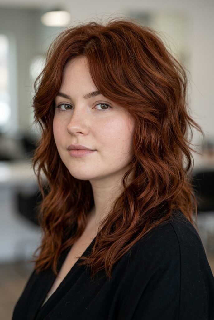 Modern shag haircut with crown height on a round face