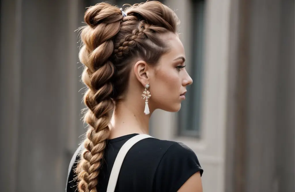 Mohawk Braid and a hair accessory on Rose Brown hair color