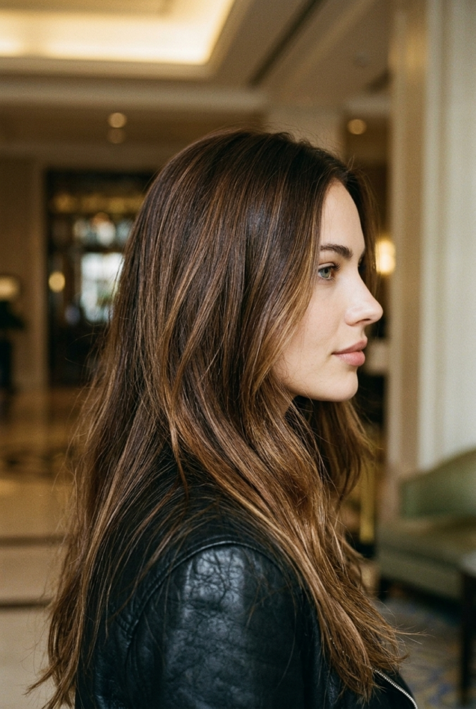Molten Brunette Woman with molten brunette dimensional hair wearing a leather jacket in a hotel lobby