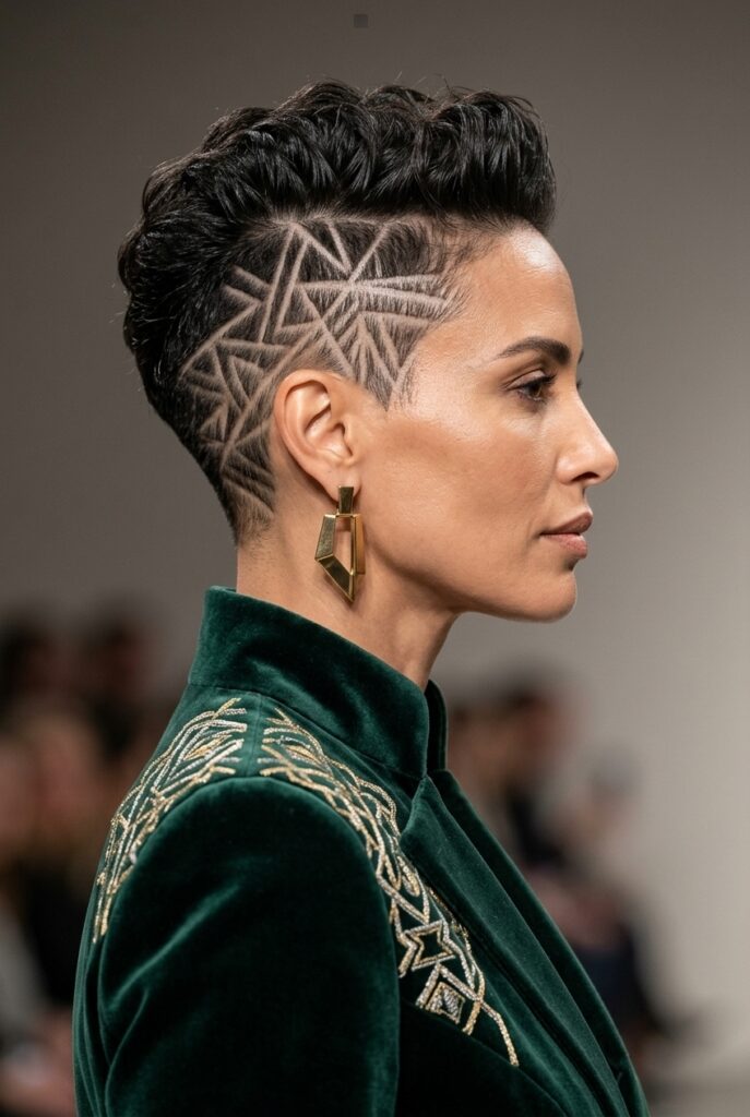 Moroccan fashion parade female model over 40 with a geometric shaved design undercut hairstyle