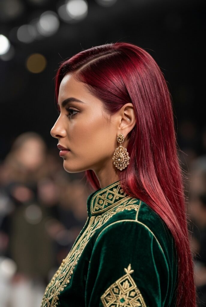 Moroccan fashion parade female model with rich saturated cherry flamingo red hair dye