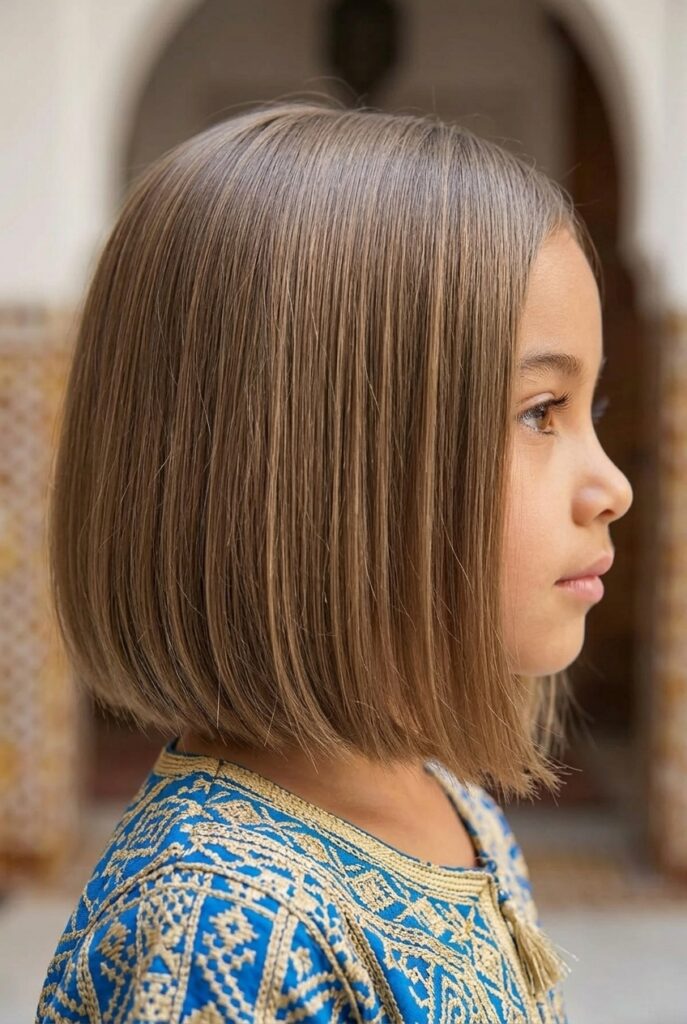 Moroccan toddler girl, closeup to her lob long bob haircut at shoulder length