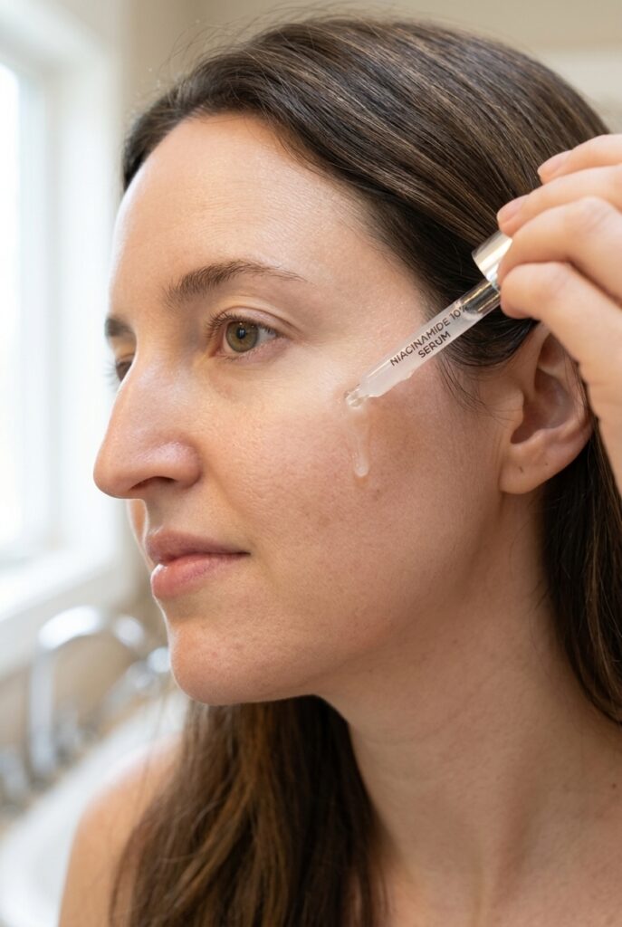 Moroccan woman in her 30s applying niacinamide serum for improved skin tone and texture