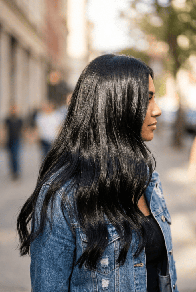 Shiny smooth black hair with argan oil serum shine