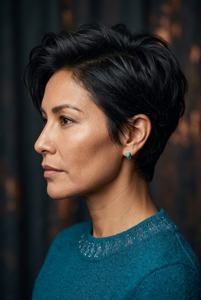 Native American female model in her late 40s with a bixie haircut with volume on top and ear-grazing sides