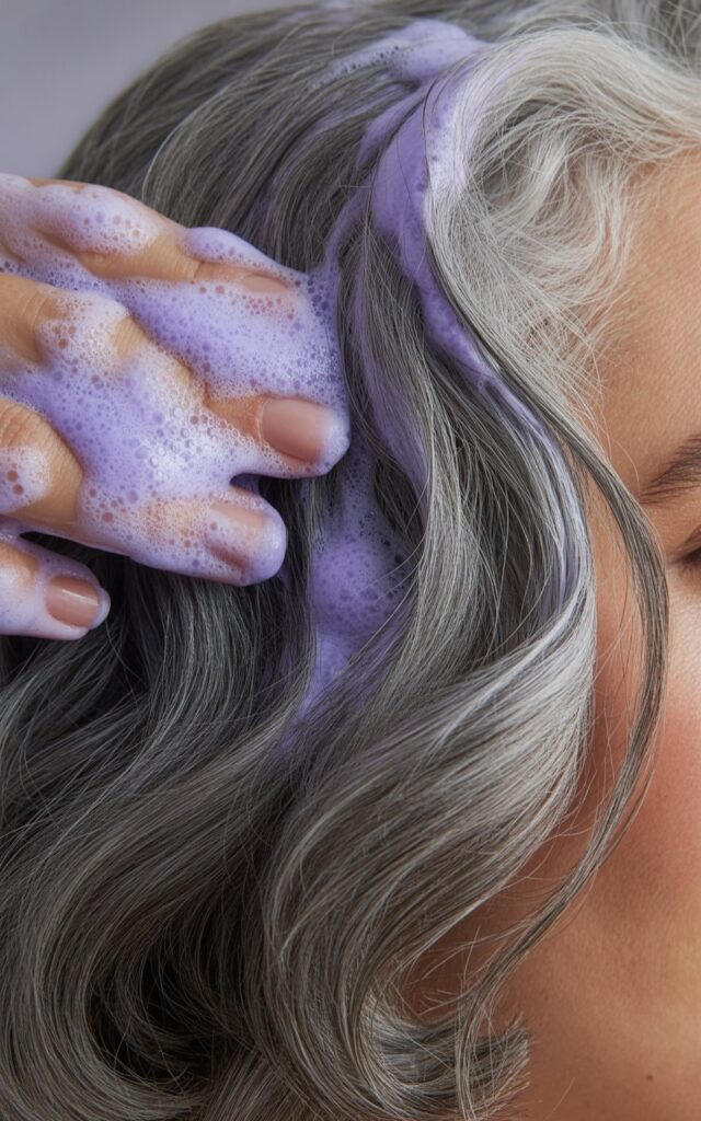 Natural Gray Hair blend When Growing treated with Purple Shampoo