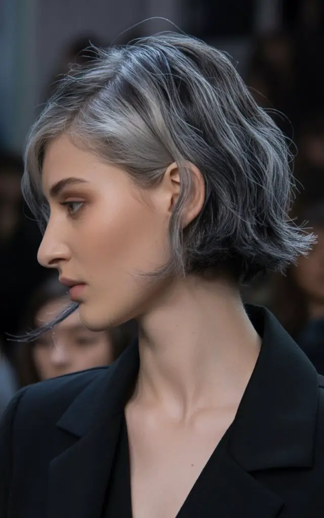 Natural Gray Hair blended with Smoky Charcoal Highlights