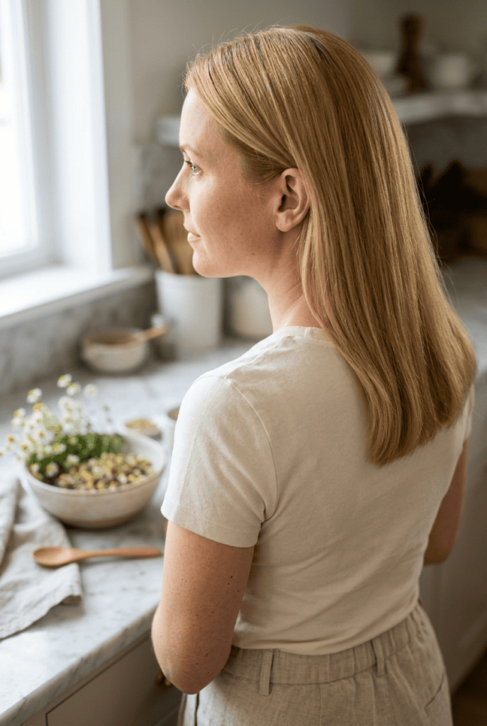 Natural and Kitchen-Based Toning Options Woman with sun kissed blonde hair after natural rinse