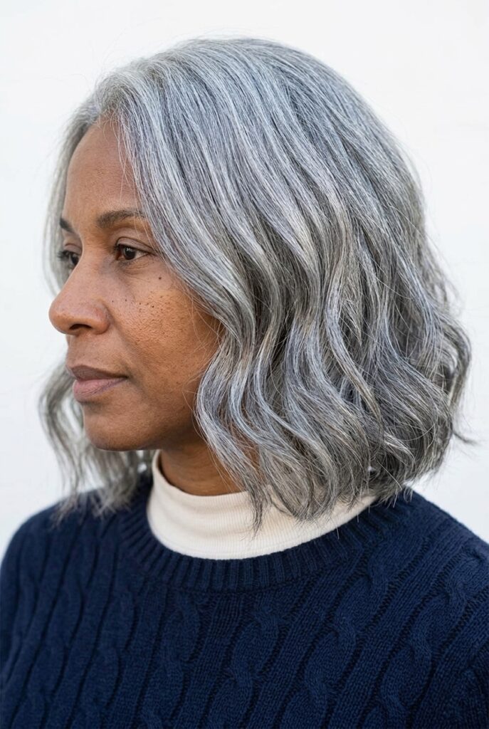 Natural gray and silver hair looking clean, cool-toned, luminous and well-moisturized