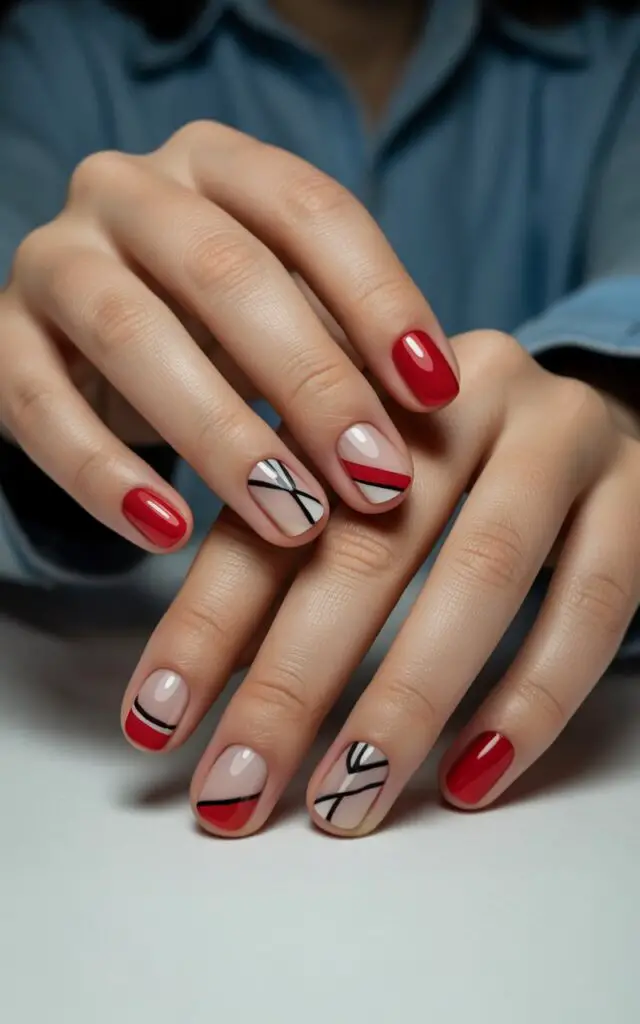 Full closeup to female hands with negative space nail design featuring geometric patterns, bare nail sections combined with bold colored polish, modern minimalist manicure with clean lines, artistic and contemporary style.