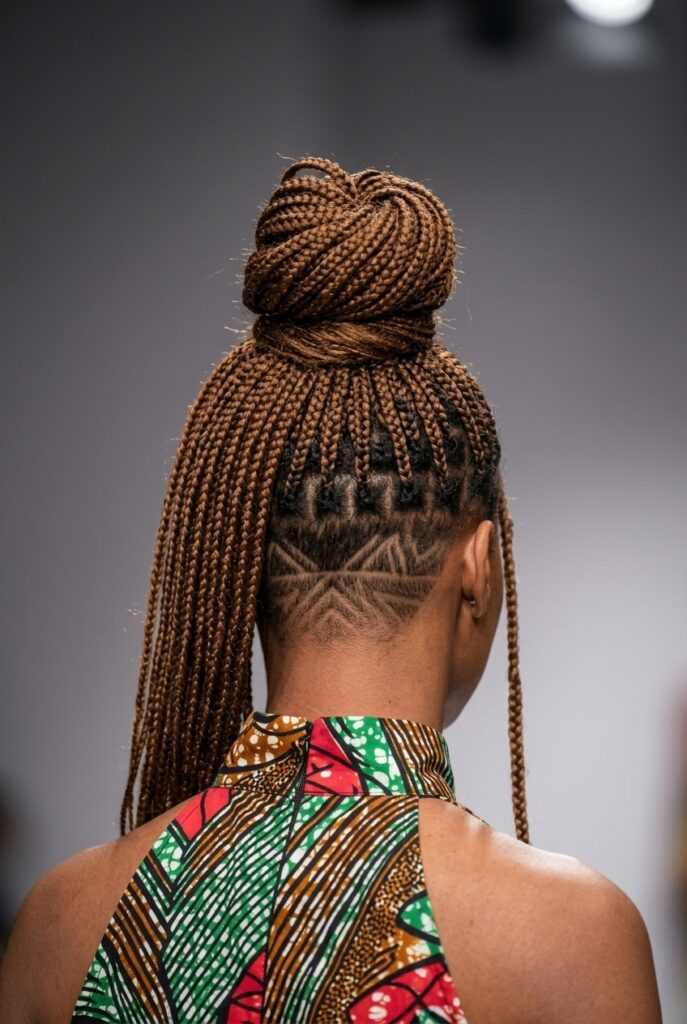 Nigerian fashion parade female model with a hidden nape undercut hairstyle