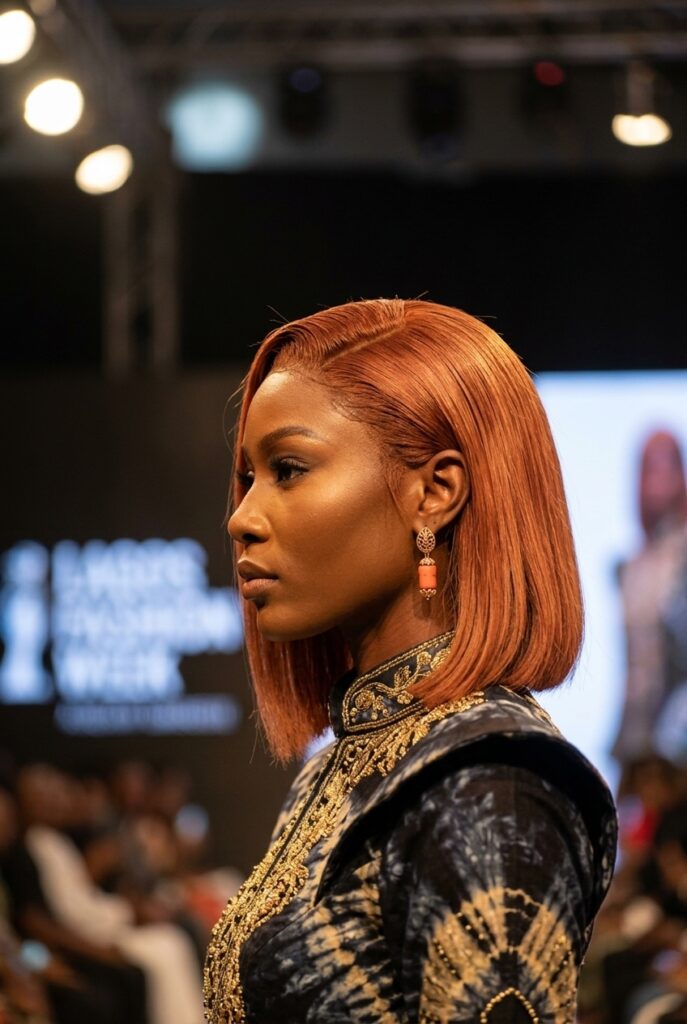 Nigerian fashion parade female model with light intense auburn red hair dye