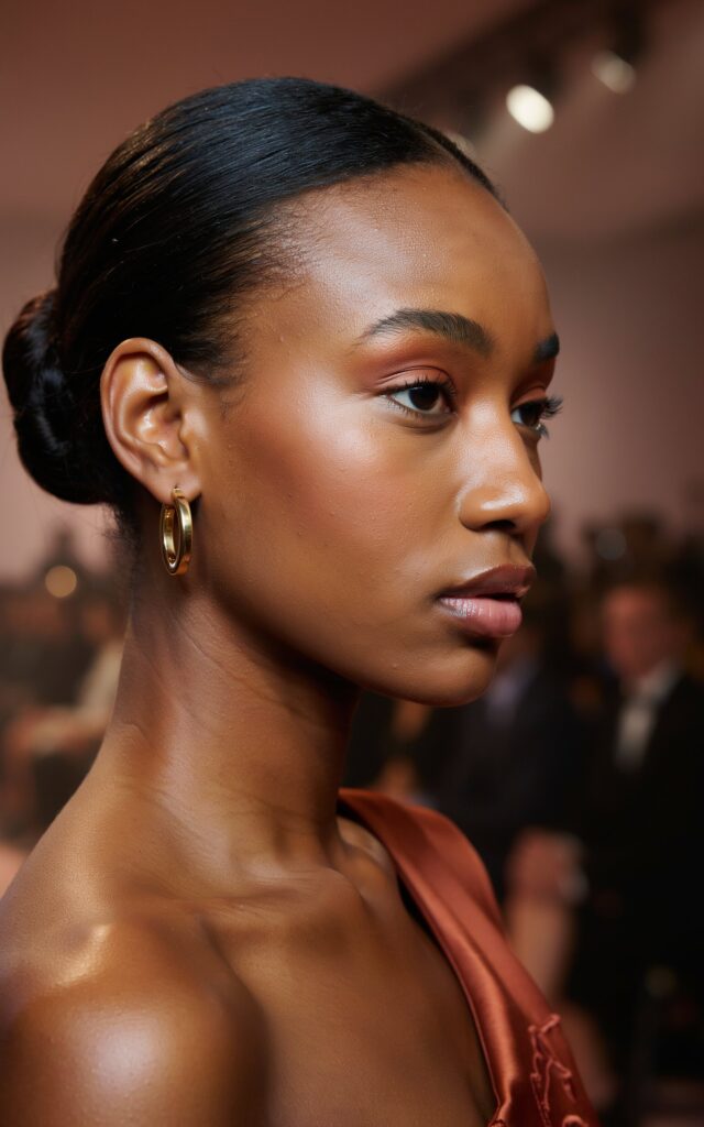 Nigerian fashion parade teen model with monochromatic terracotta makeup across eyes, cheeks, and lips