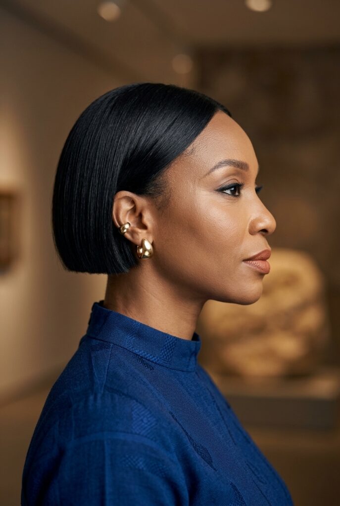 Nigerian female model in her mid 40s with a sleek micro bob haircut at ear level