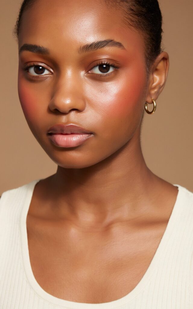 Nigerian teen girl with blush draping makeup, coral blush swept across cheekbones and temples