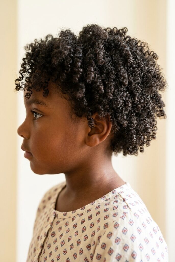 Nigerian toddler girl, closeup to her curly bob haircut with natural coily curls