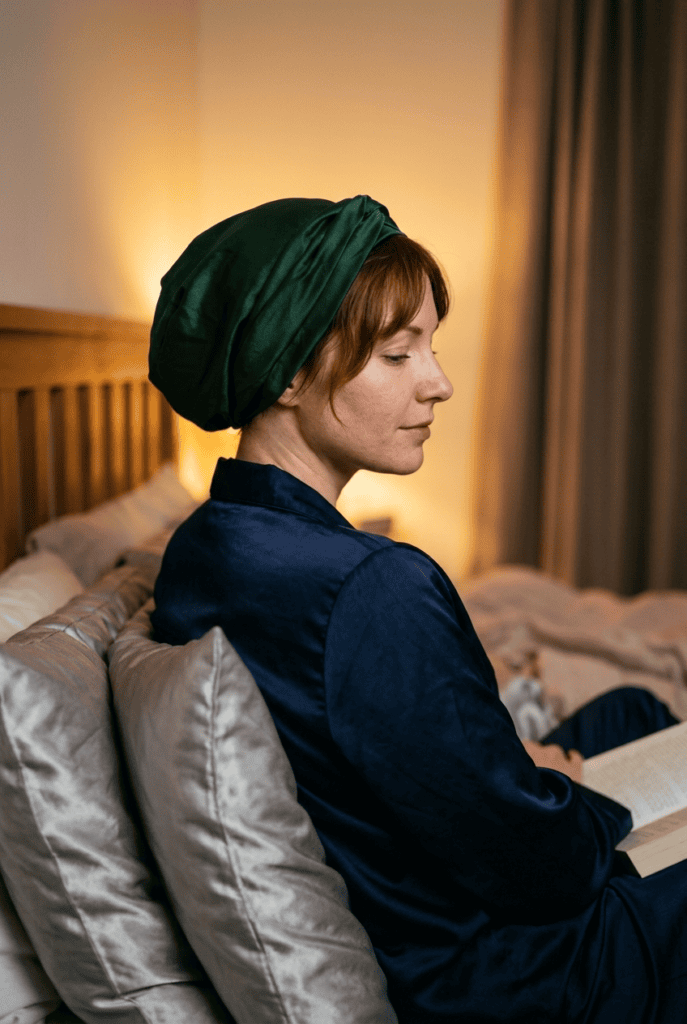 Nighttime Care to Protect the Shape Woman with French pixie wearing silk hair wrap in bed protecting hairstyle overnight