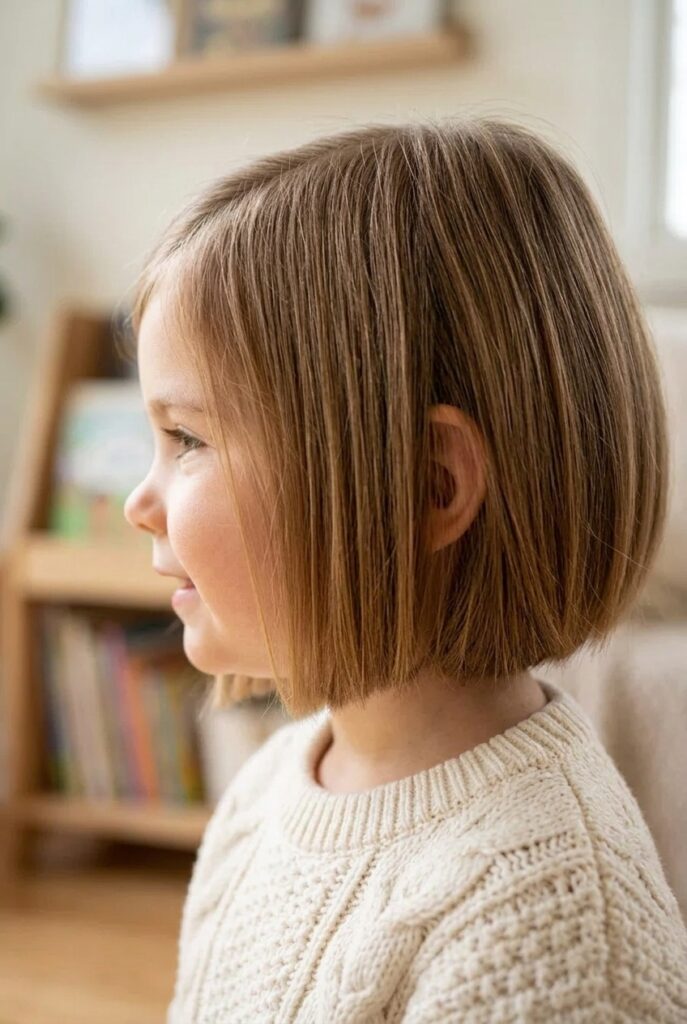 Nordic toddler girl, closeup to her blunt bob haircut at chin length