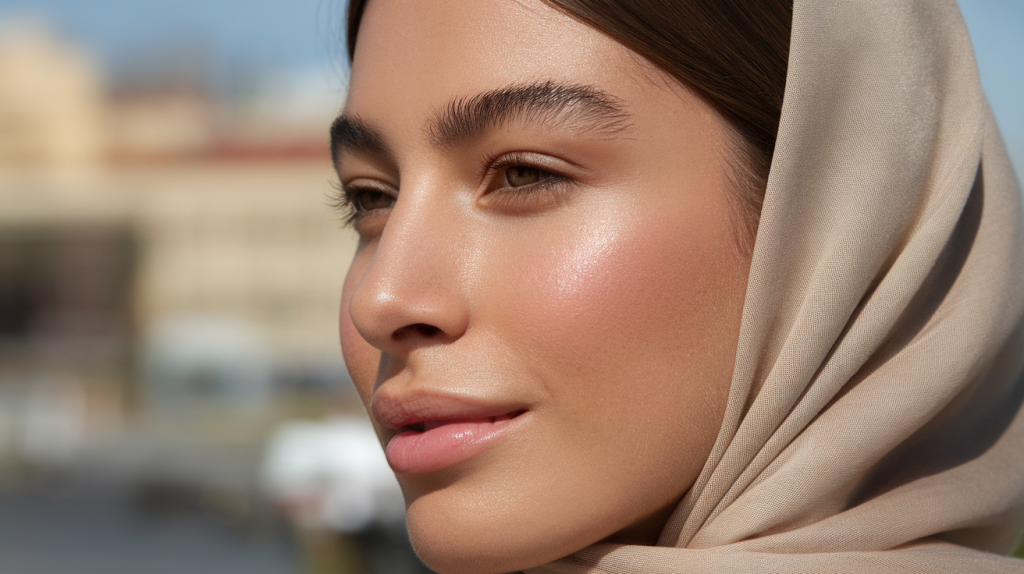 woman with radiant skin. She has brown hair and is wearing a beige scarf around her head