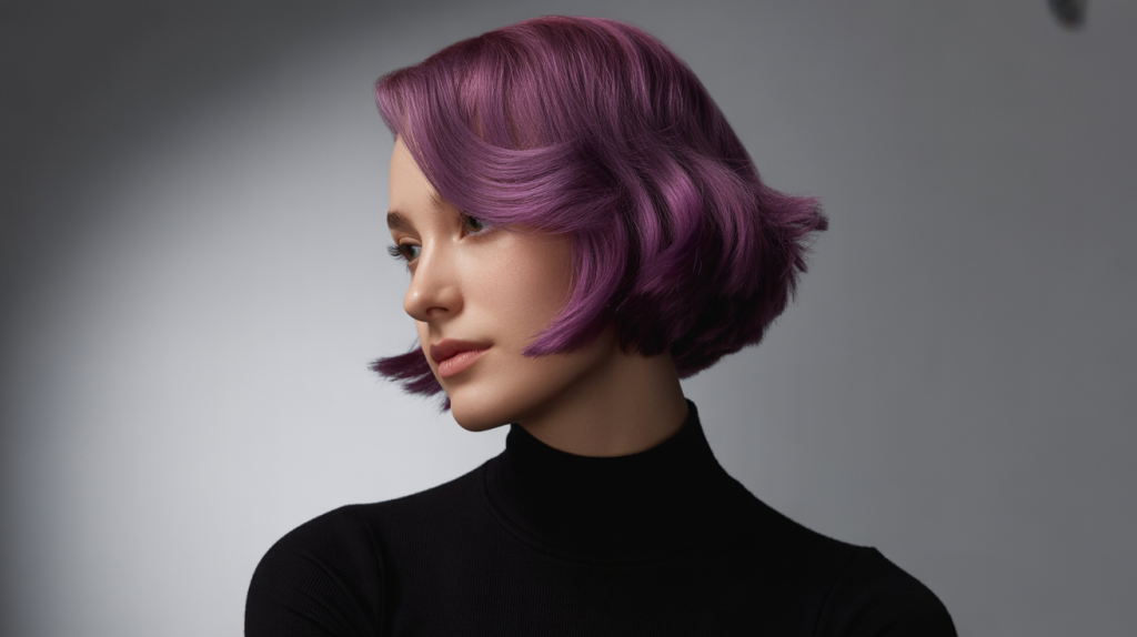 A striking studio portrait photograph of a young woman showcasing vibrant, amethyst-purple dyed hair cascading over one shoulder.